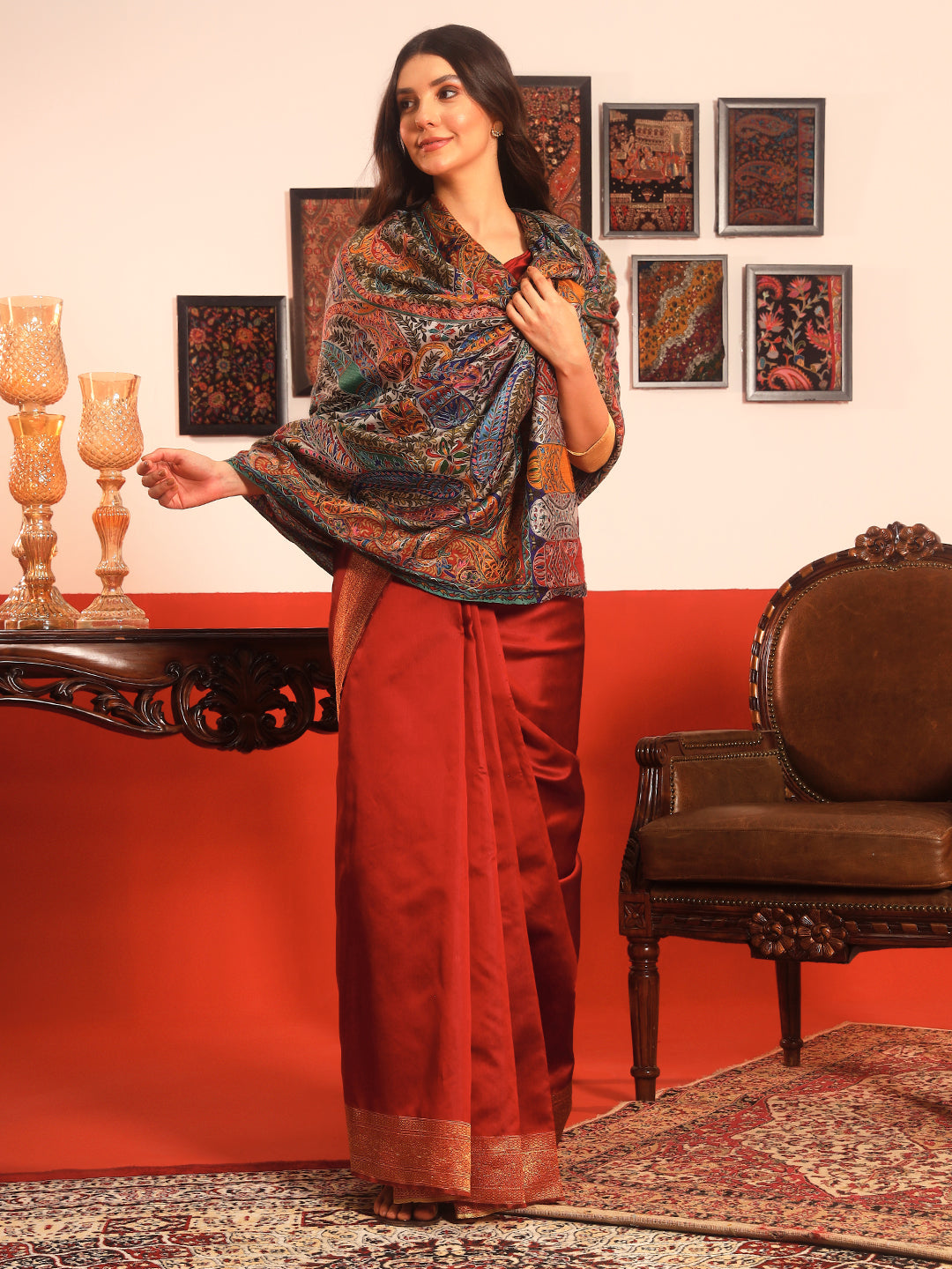 Pashmoda Women Rangmehal Fine Wool Fabric Pashmina Kalamkari Embroidered Shawl (Size: 101x203 CM)