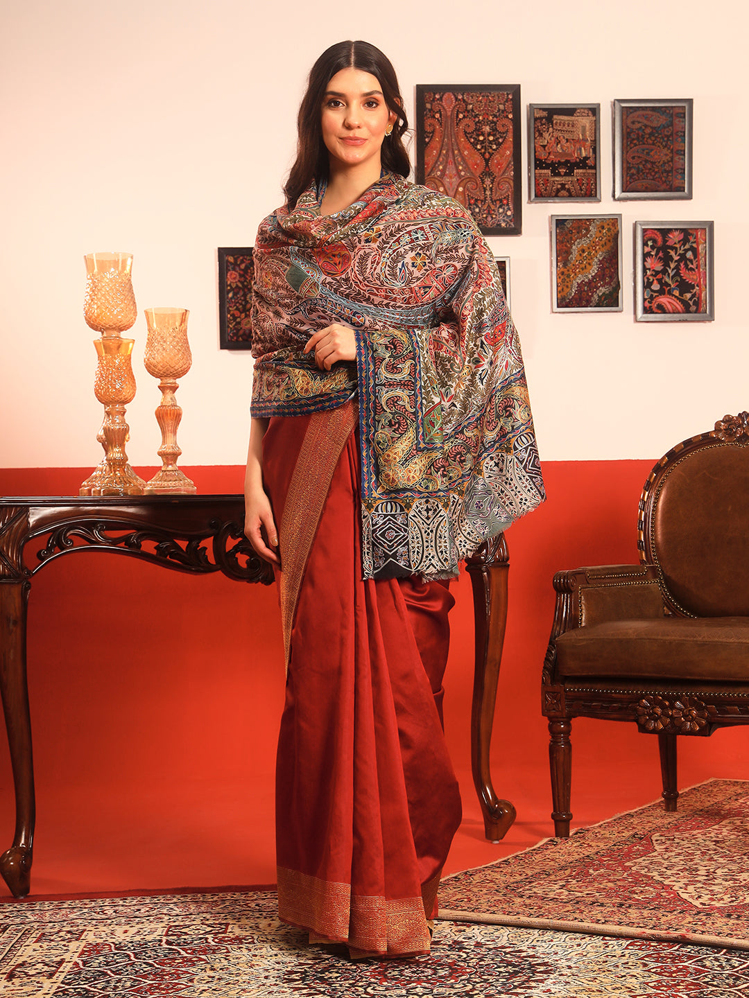 Pashmoda Women Rangmehal Fine Wool Fabric Pashmina Kalamkari Embroidered Shawl (Size: 101x203 CM)