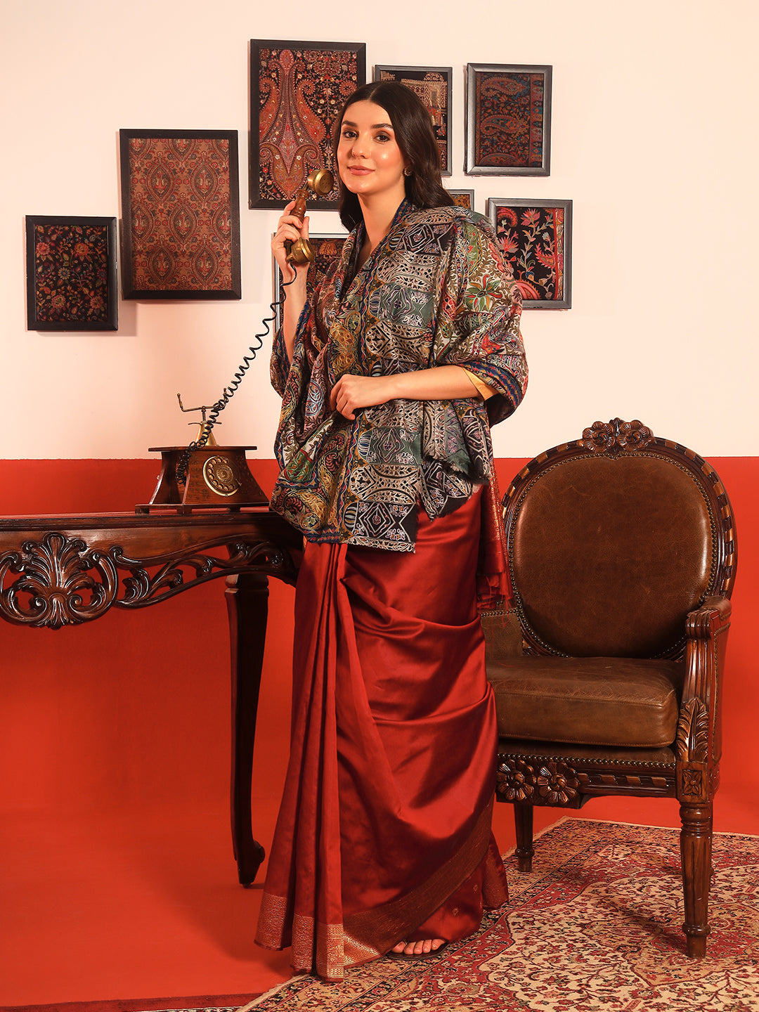 Pashmoda Women Rangmehal Fine Wool Fabric Pashmina Kalamkari Embroidered Shawl (Size: 101x203 CM)