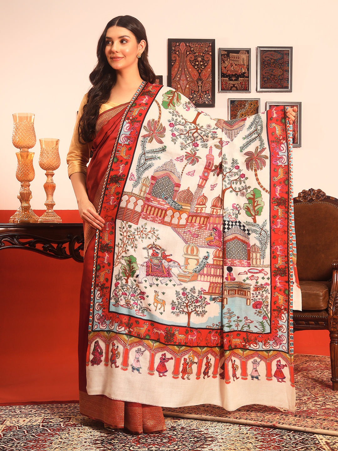 Pashmoda Women Mughal Bagh 100% Pure Wool Fabric Kalamkari Embroidered Shawl (Size: 101x203cm)