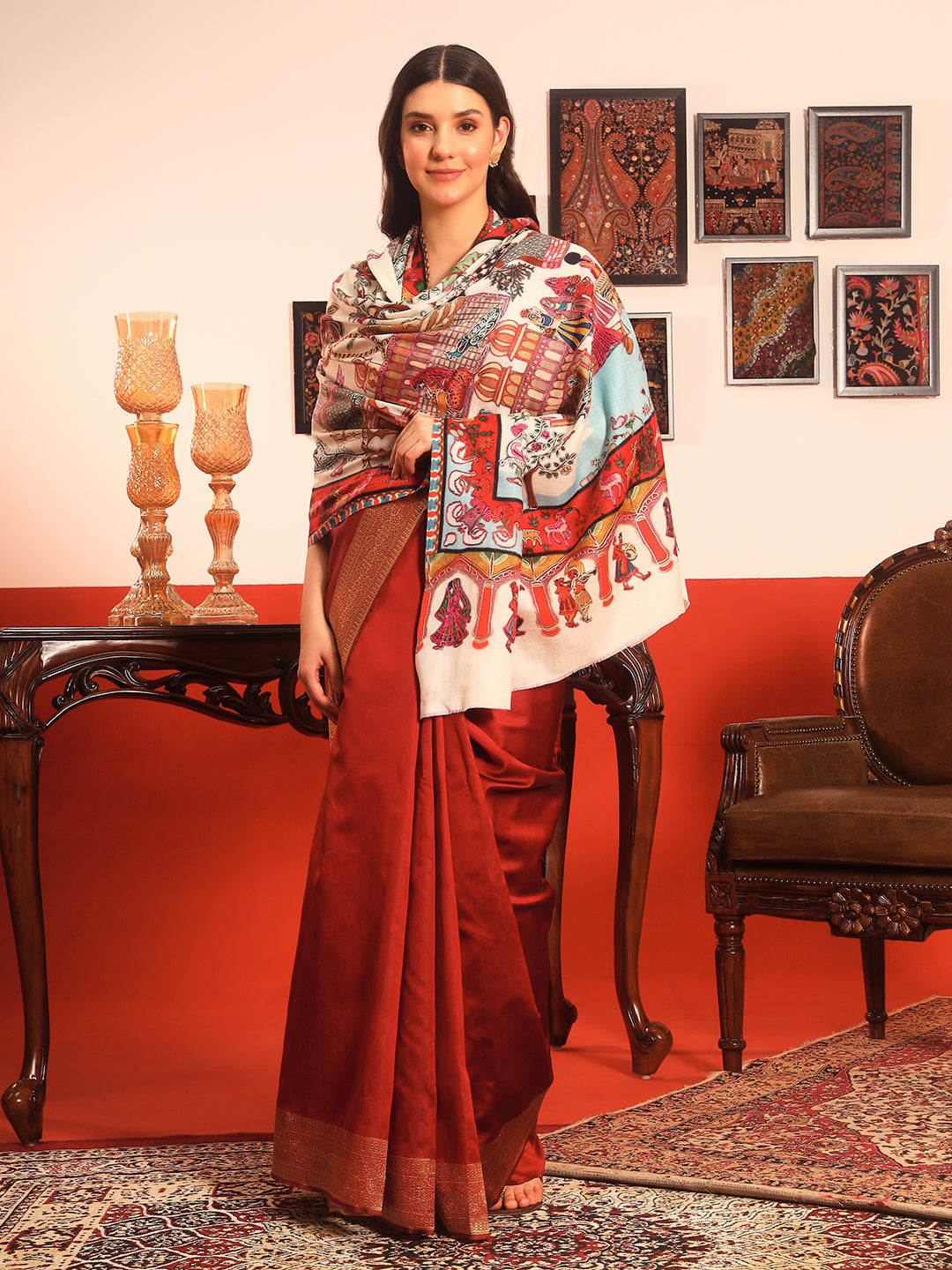 Pashmoda Women Mughal Bagh 100% Pure Wool Fabric Kalamkari Embroidered Shawl (Size: 101x203cm)