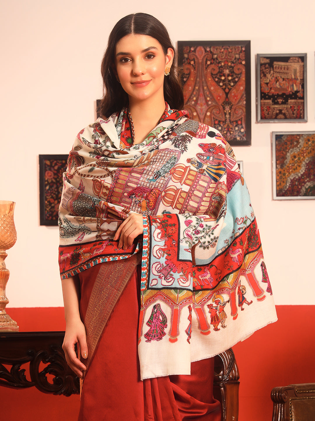 Pashmoda Women Mughal Bagh 100% Pure Wool Fabric Kalamkari Embroidered Shawl (Size: 101x203cm)