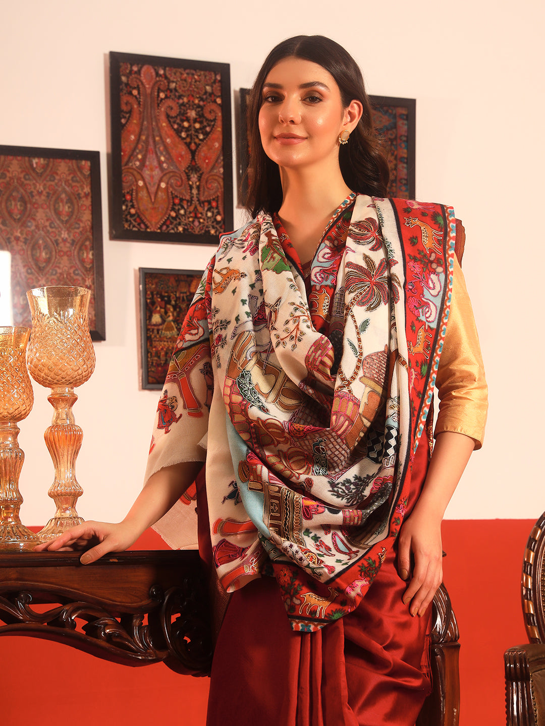 Pashmoda Women Mughal Bagh 100% Pure Wool Fabric Kalamkari Embroidered Shawl (Size: 101x203cm)