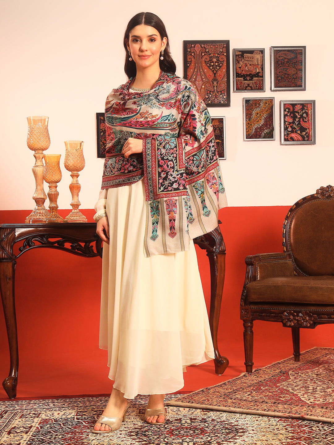 Pashmoda Women Rangkalam 100% Pure Wool Fabric Kalamkari Embroidered Shawl (Size: 101x203 CM)