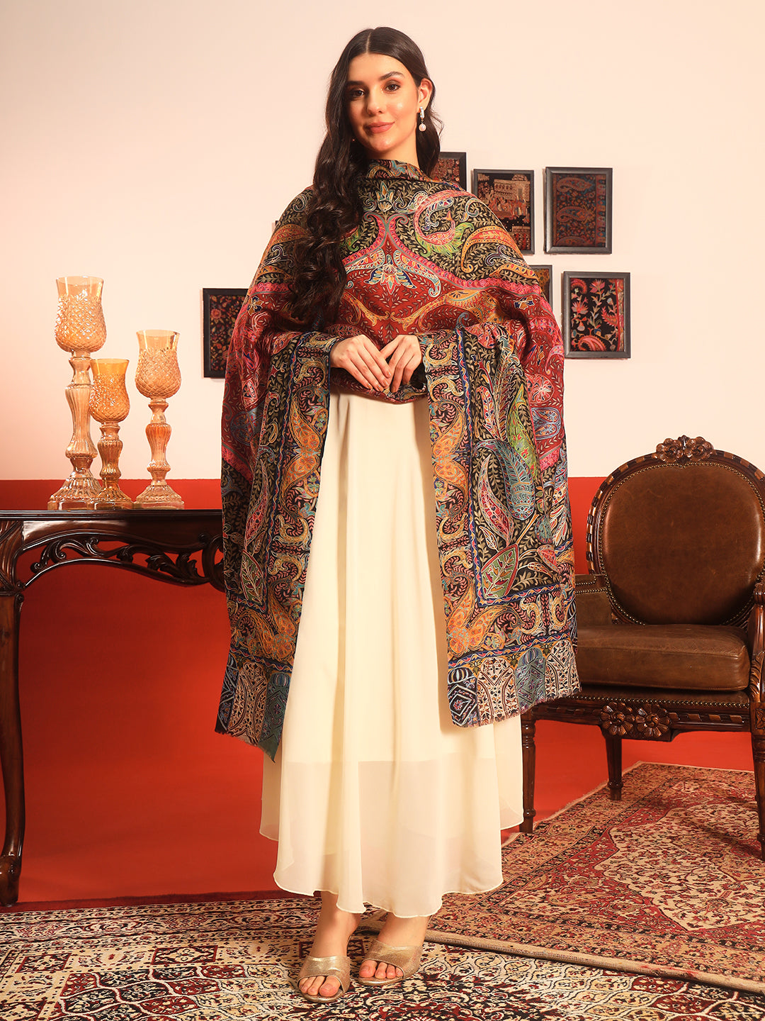 Pashmoda Women Daastaan Fine Wool Fabric Pashmina Kalamkari Embroidered Shawl (Size: 101x203 CM)