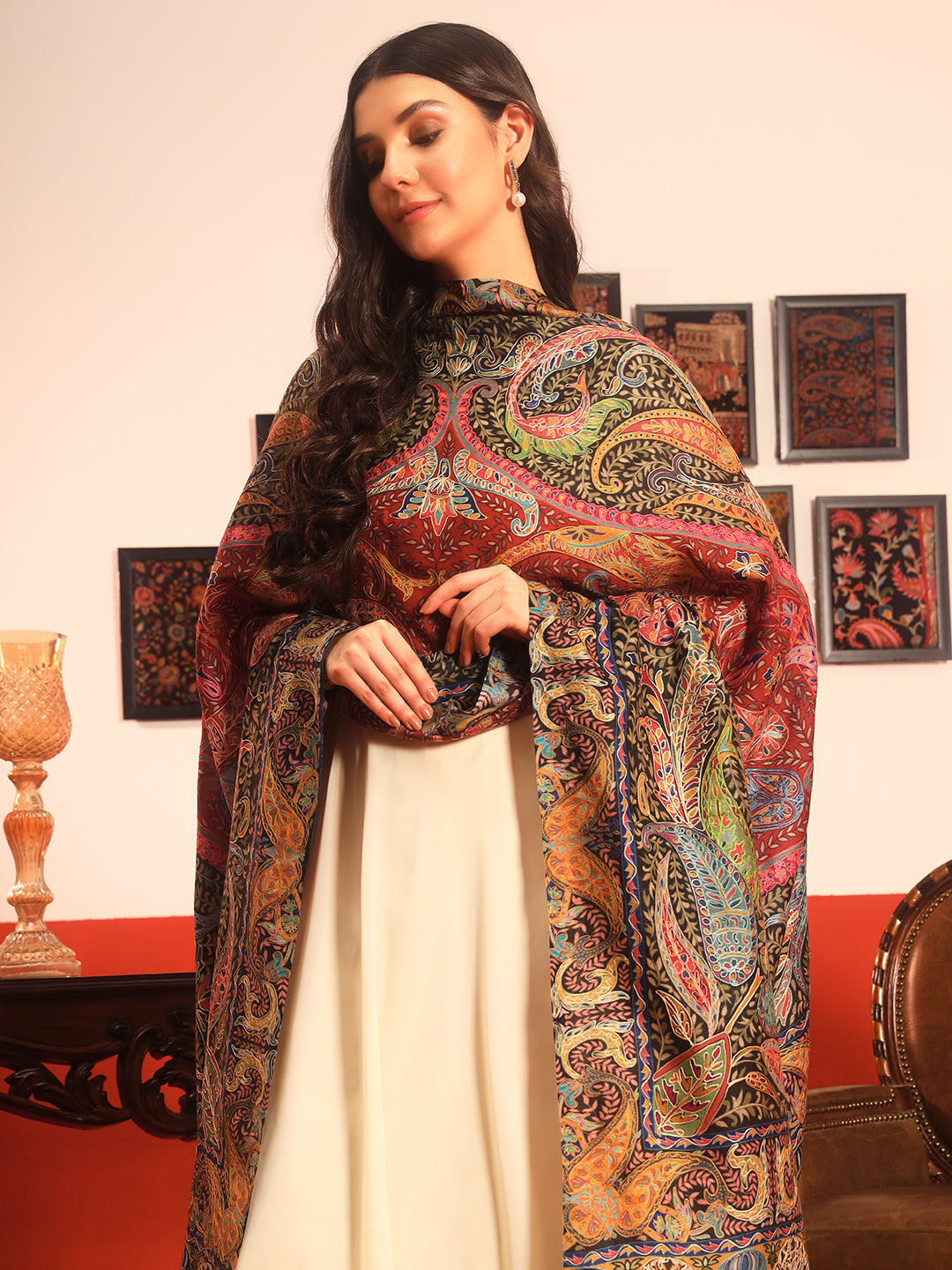 Pashmoda Women Daastaan Fine Wool Fabric Pashmina Kalamkari Embroidered Shawl (Size: 101x203 CM)