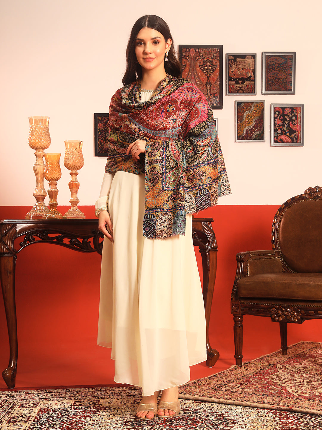 Pashmoda Women Daastaan Fine Wool Fabric Pashmina Kalamkari Embroidered Shawl (Size: 101x203 CM)