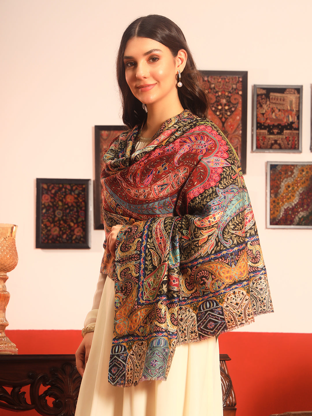 Pashmoda Women Daastaan Fine Wool Fabric Pashmina Kalamkari Embroidered Shawl (Size: 101x203 CM)