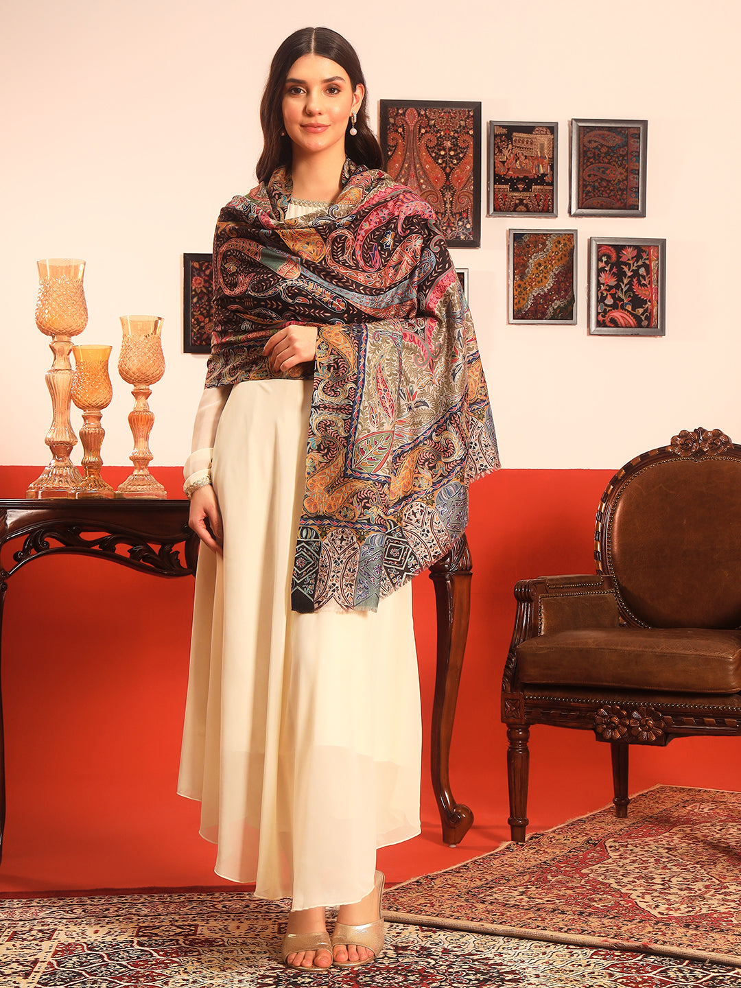 Pashmoda Women Rangmehal Fine Wool Fabric Pashmina Kalamkari Embroidered Shawl (Size: 101x203 CM)