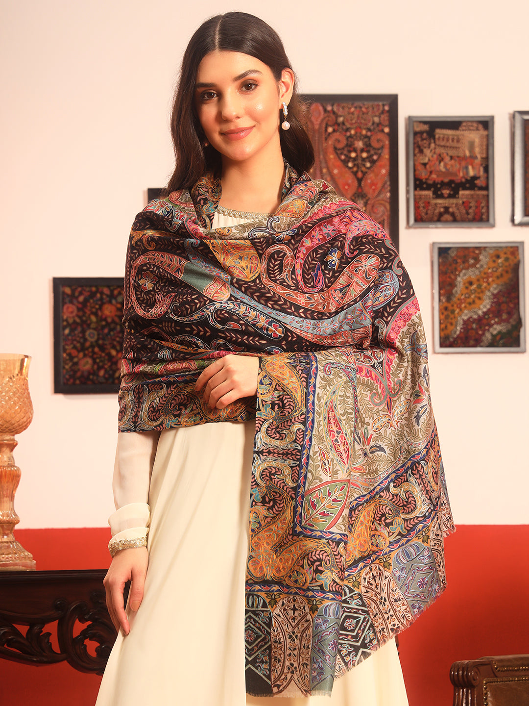 Pashmoda Women Rangmehal Fine Wool Fabric Pashmina Kalamkari Embroidered Shawl (Size: 101x203 CM)