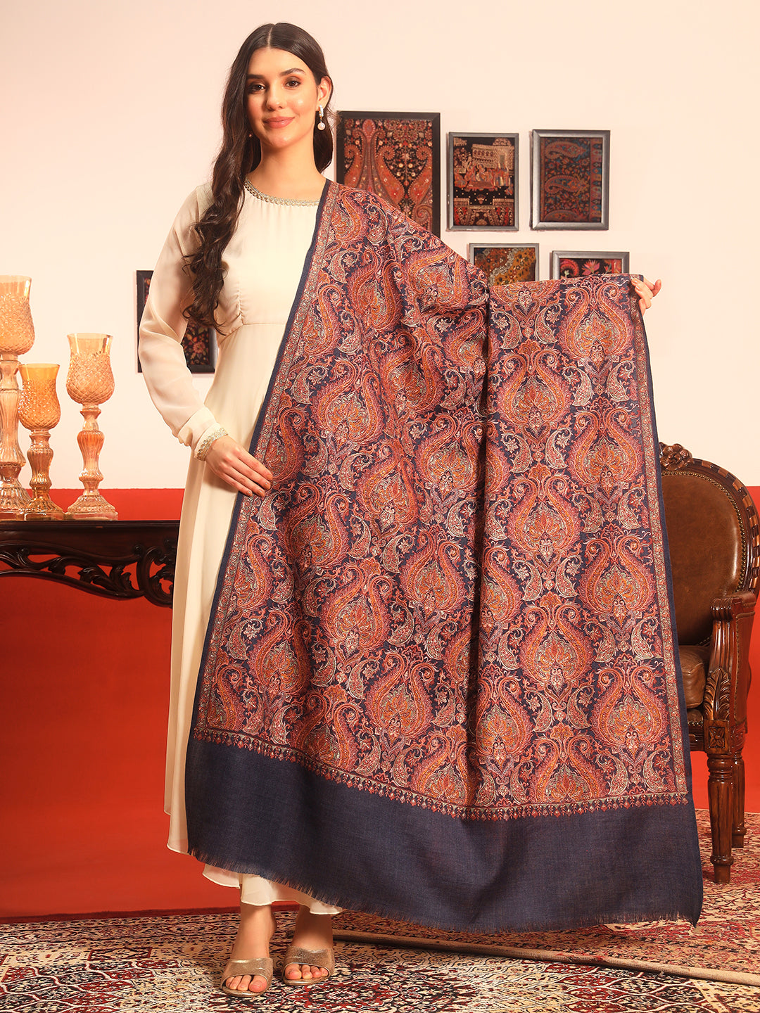 Pashmoda Women Rehnan 100% Pure Wool Sozni Hand Embroidered Shawl (Size: 101x203 Cm)