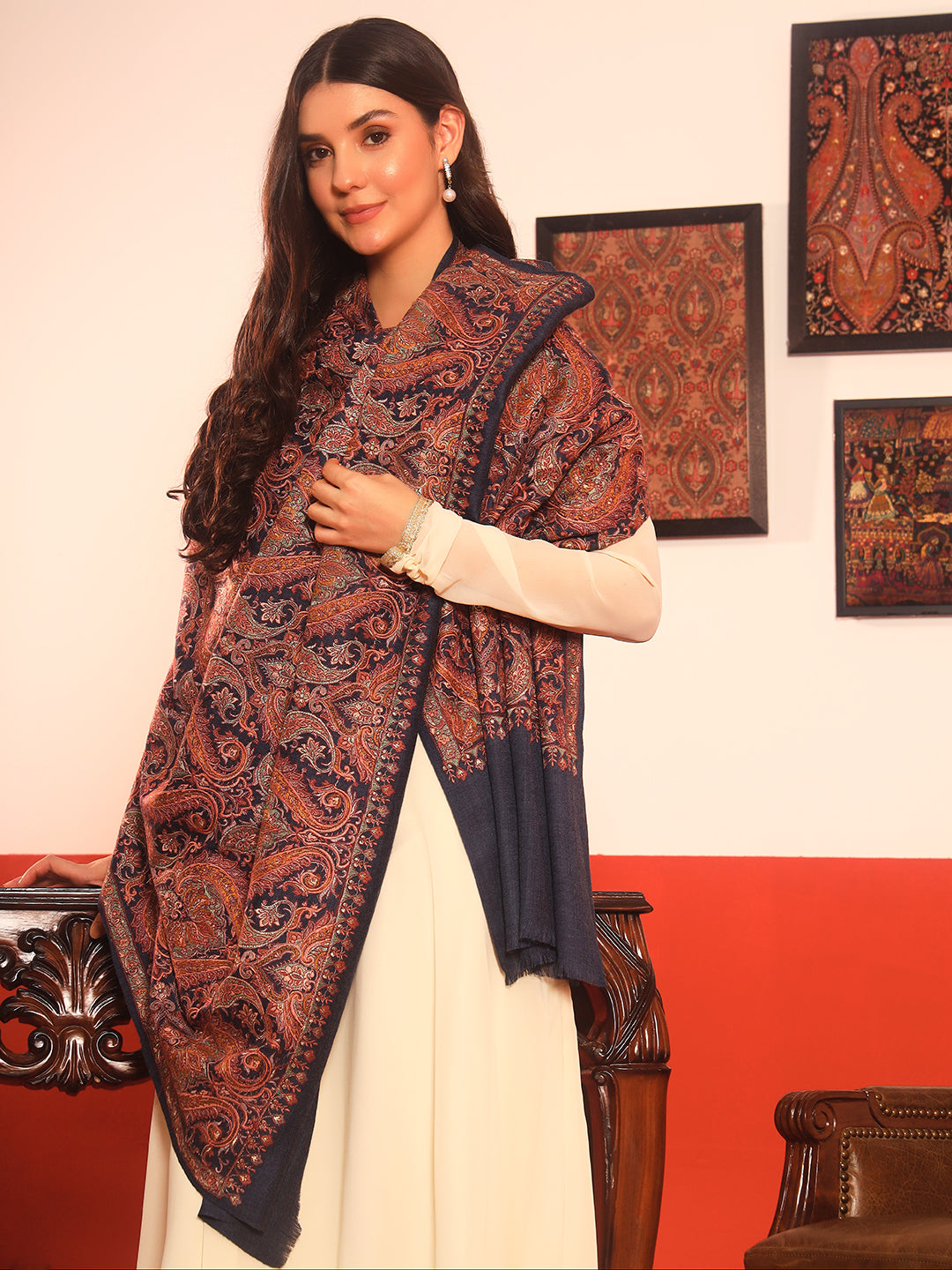 Pashmoda Women Rehnan 100% Pure Wool Sozni Hand Embroidered Shawl (Size: 101x203 Cm)