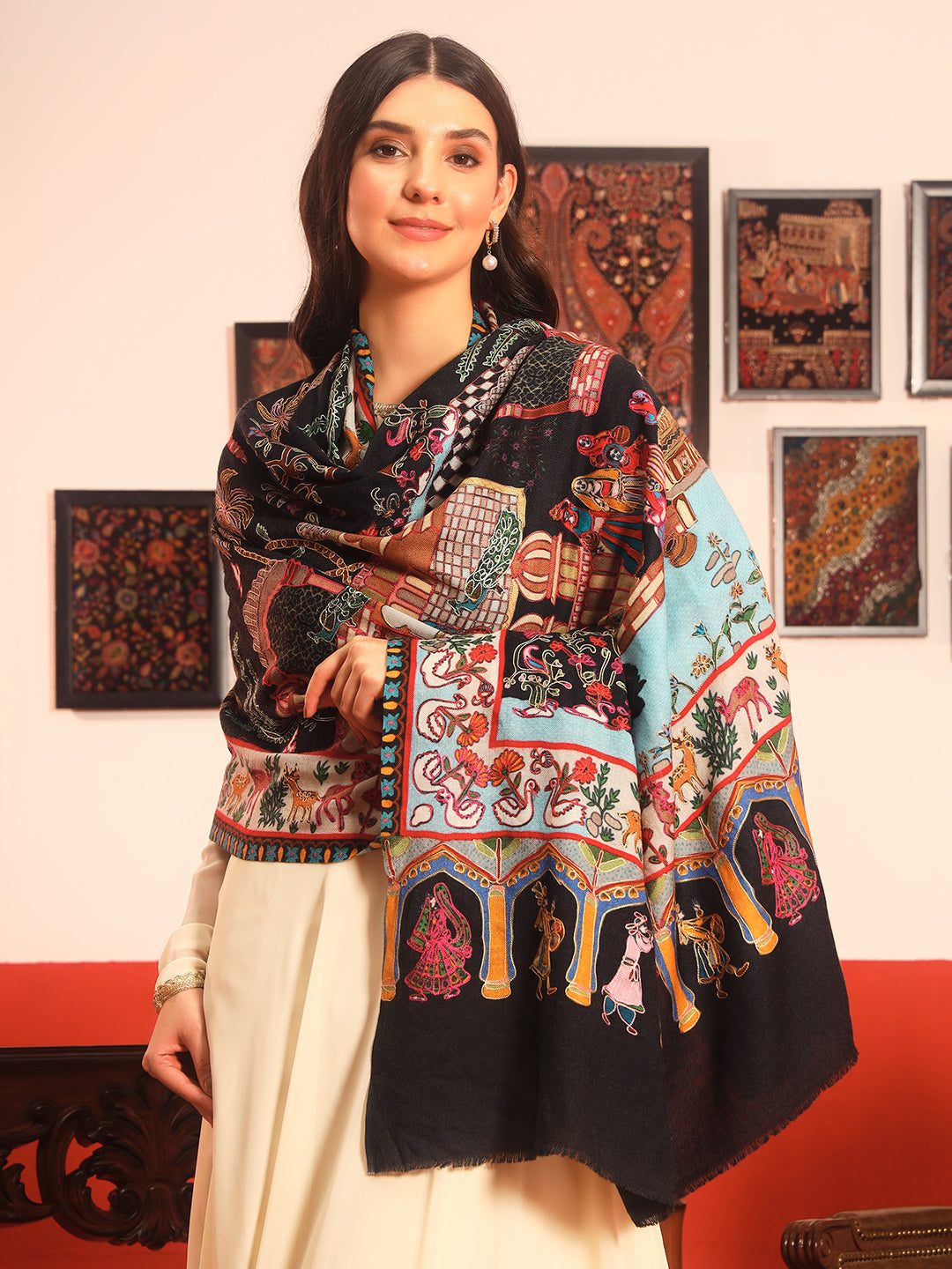 Pashmoda Women Mughal Bagh 100% Pure Wool Fabric Kalamkari Embroidered Shawl (Size: 101x203cm)