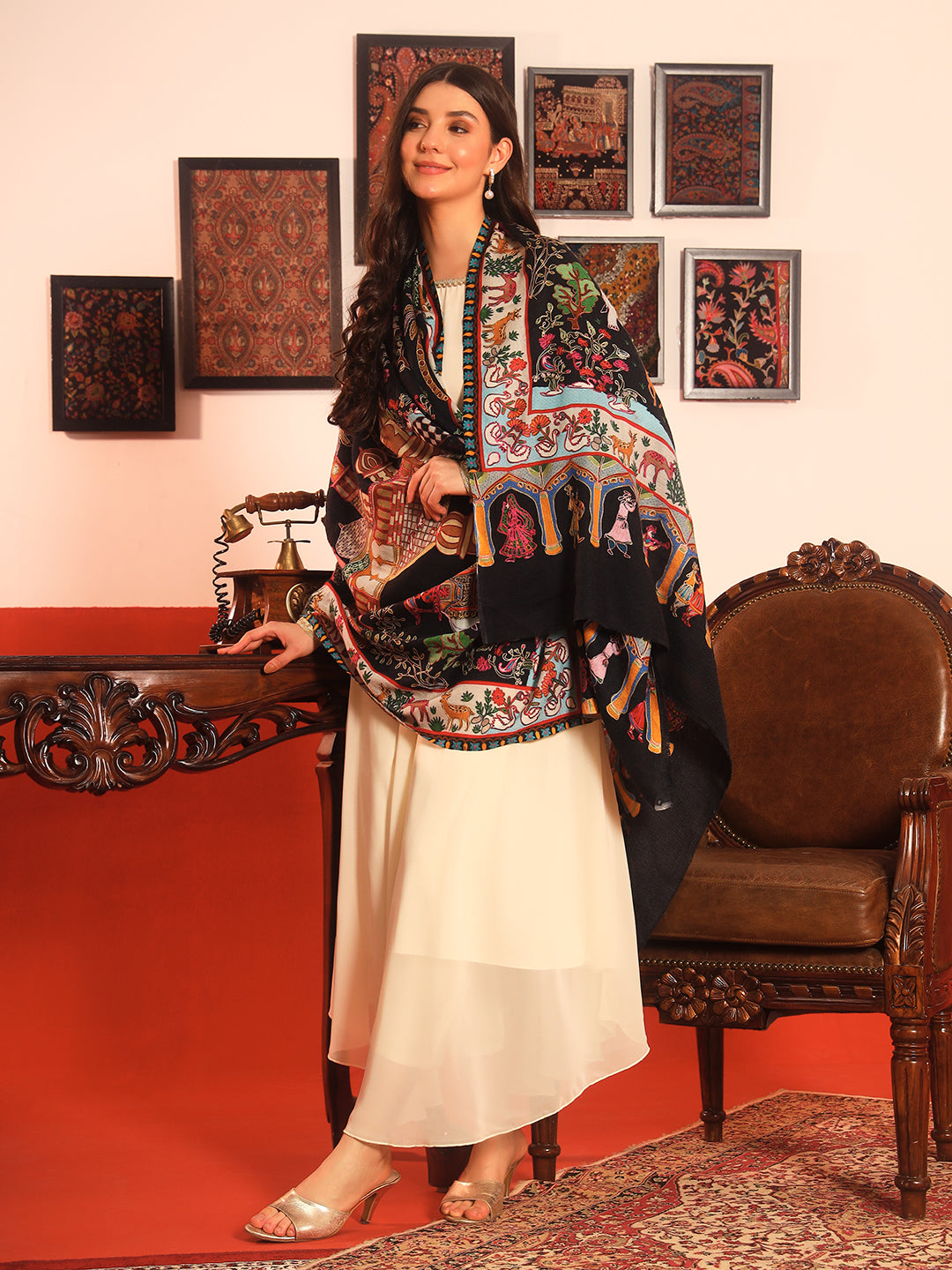 Pashmoda Women Mughal Bagh 100% Pure Wool Fabric Kalamkari Embroidered Shawl (Size: 101x203cm)