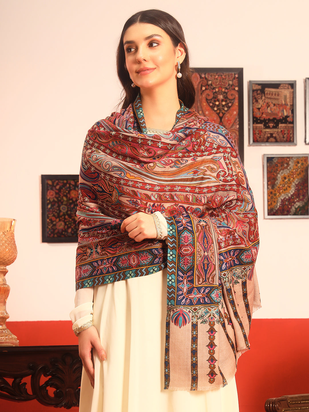 Pashmoda Women Rangrez Rangkalam 100% Pure Wool Fabric Kalamkari Embroidered Shawl (Size:101x203 cm)