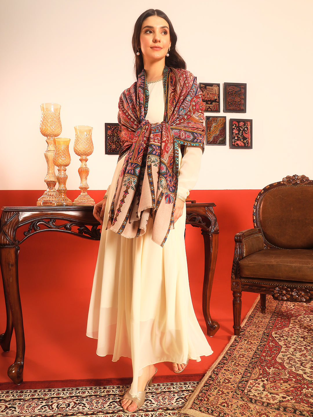 Pashmoda Women Rangrez Rangkalam 100% Pure Wool Fabric Kalamkari Embroidered Shawl (Size:101x203 cm)