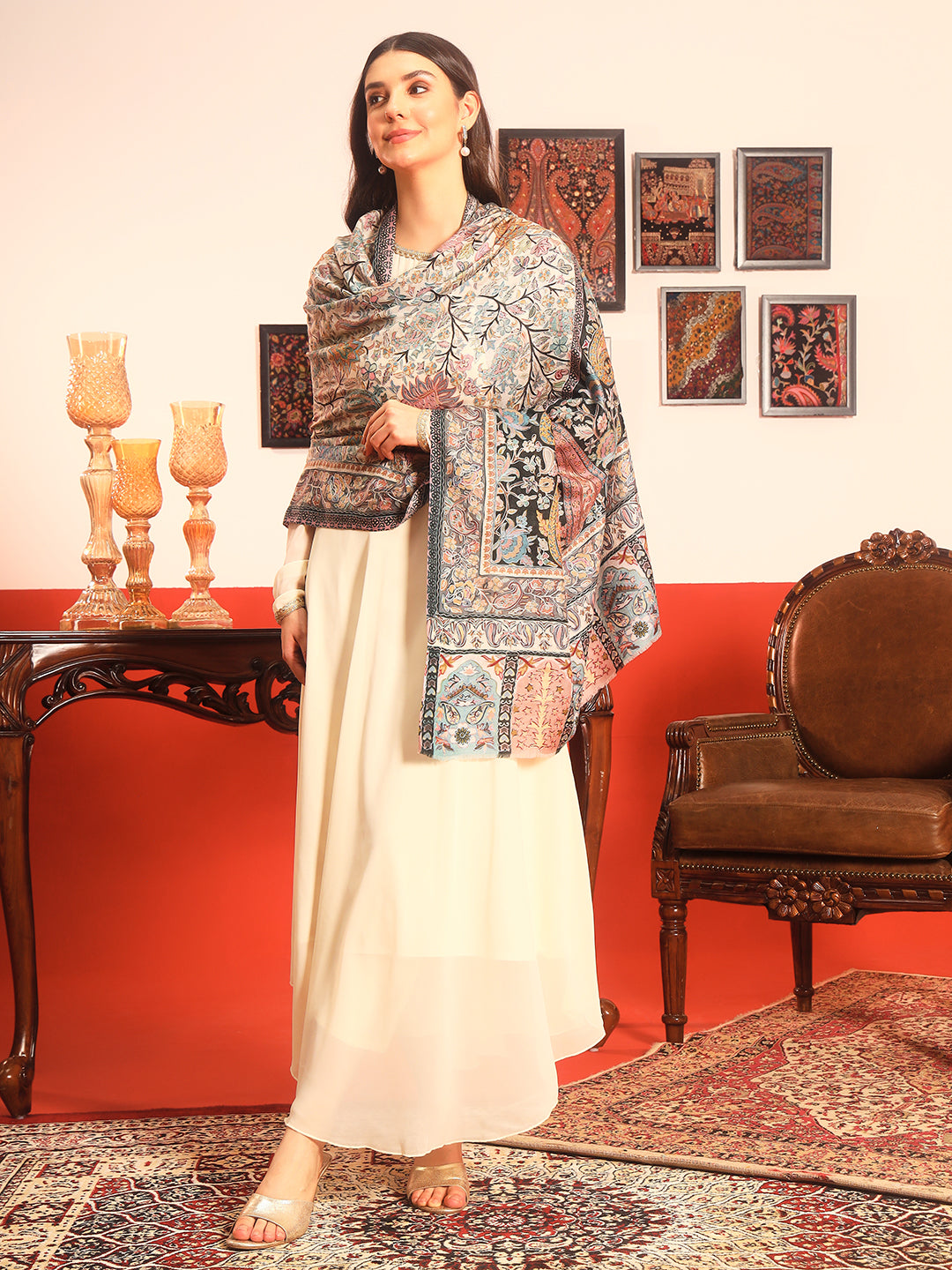 Pashmoda Women Guldasta Fine Wool Fabric Pashmina Kalamkari Embroidered Shawl (Size: 101x203 CM)