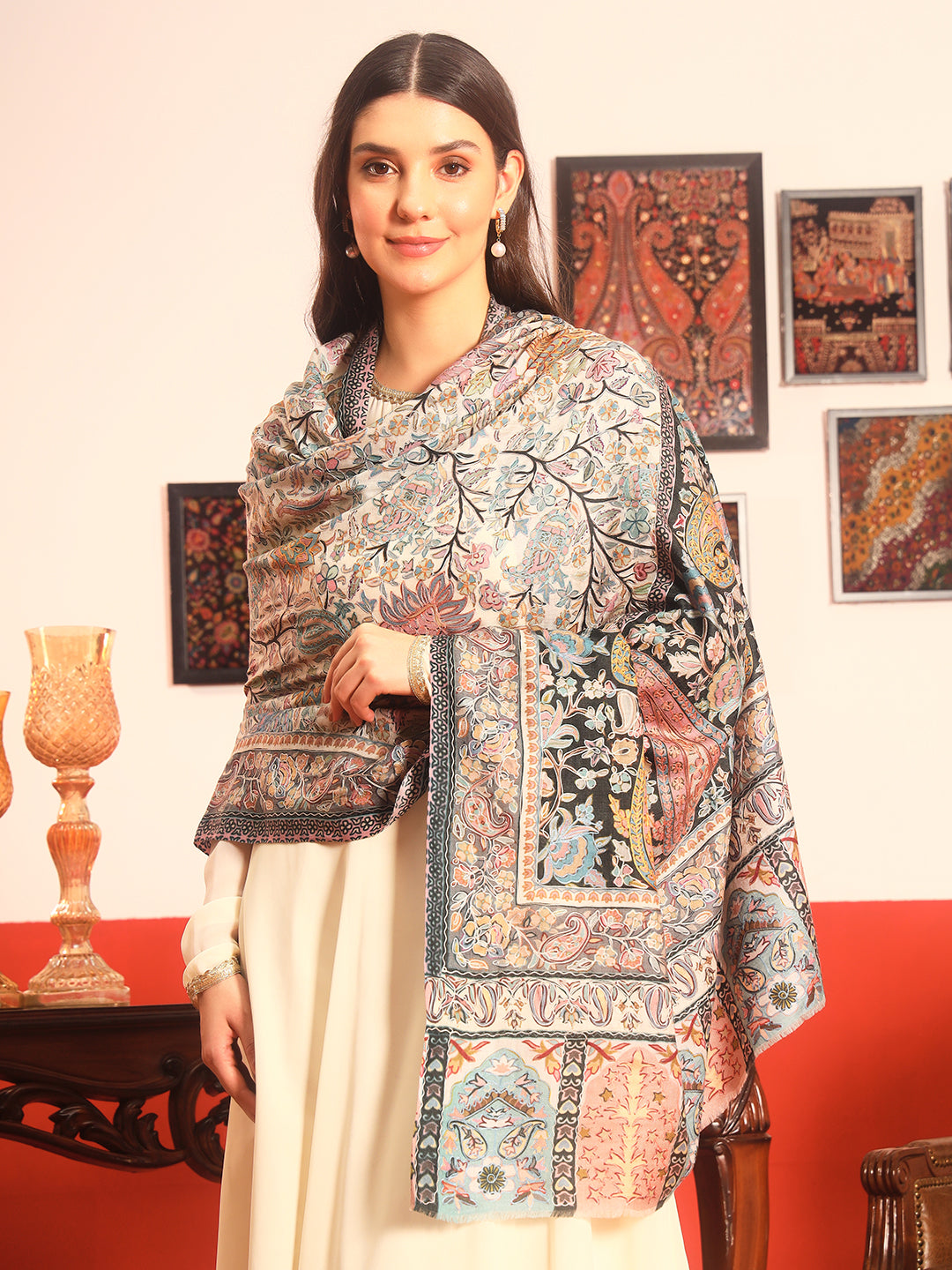 Pashmoda Women Guldasta Fine Wool Fabric Pashmina Kalamkari Embroidered Shawl (Size: 101x203 CM)