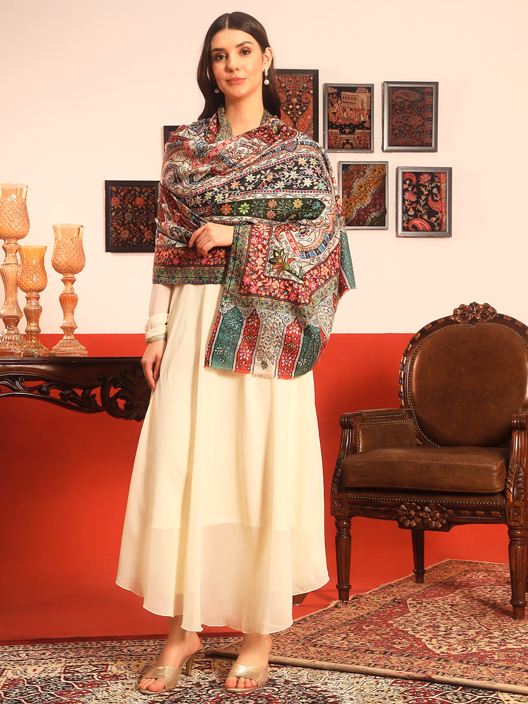 Pashmoda Women Naqshkaar Fine Wool Fabric Pashmina Kalamkari Embroidered Shawl (Size: 101x203 CM)