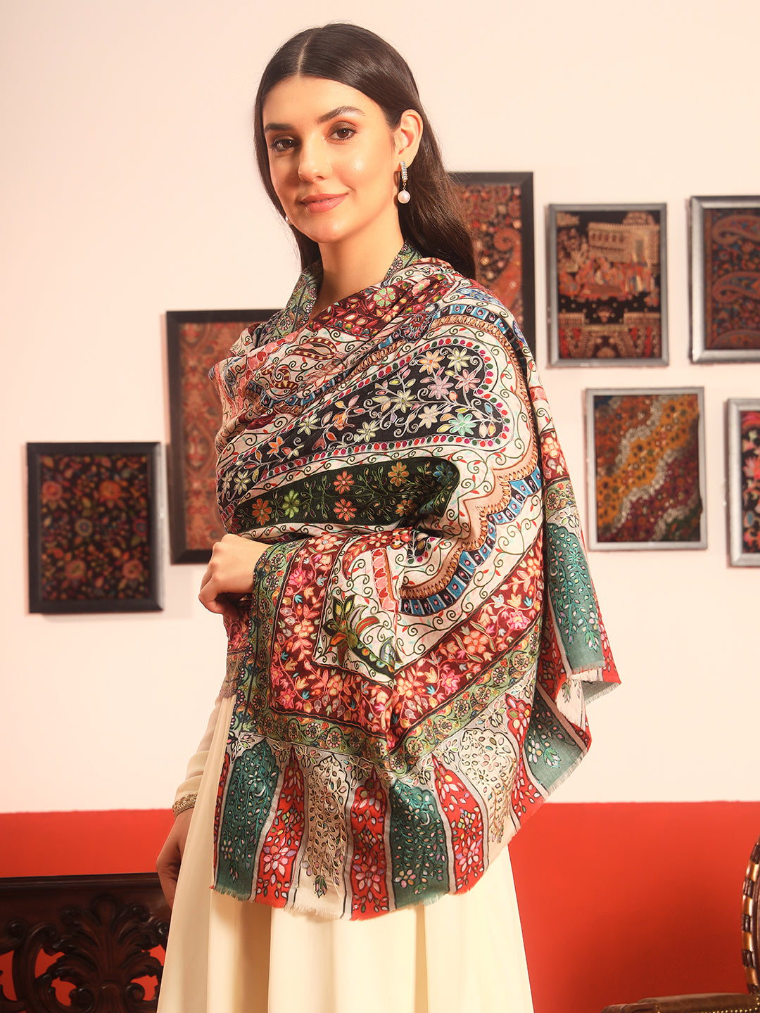 Pashmoda Women Naqshkaar Fine Wool Fabric Pashmina Kalamkari Embroidered Shawl (Size: 101x203 CM)