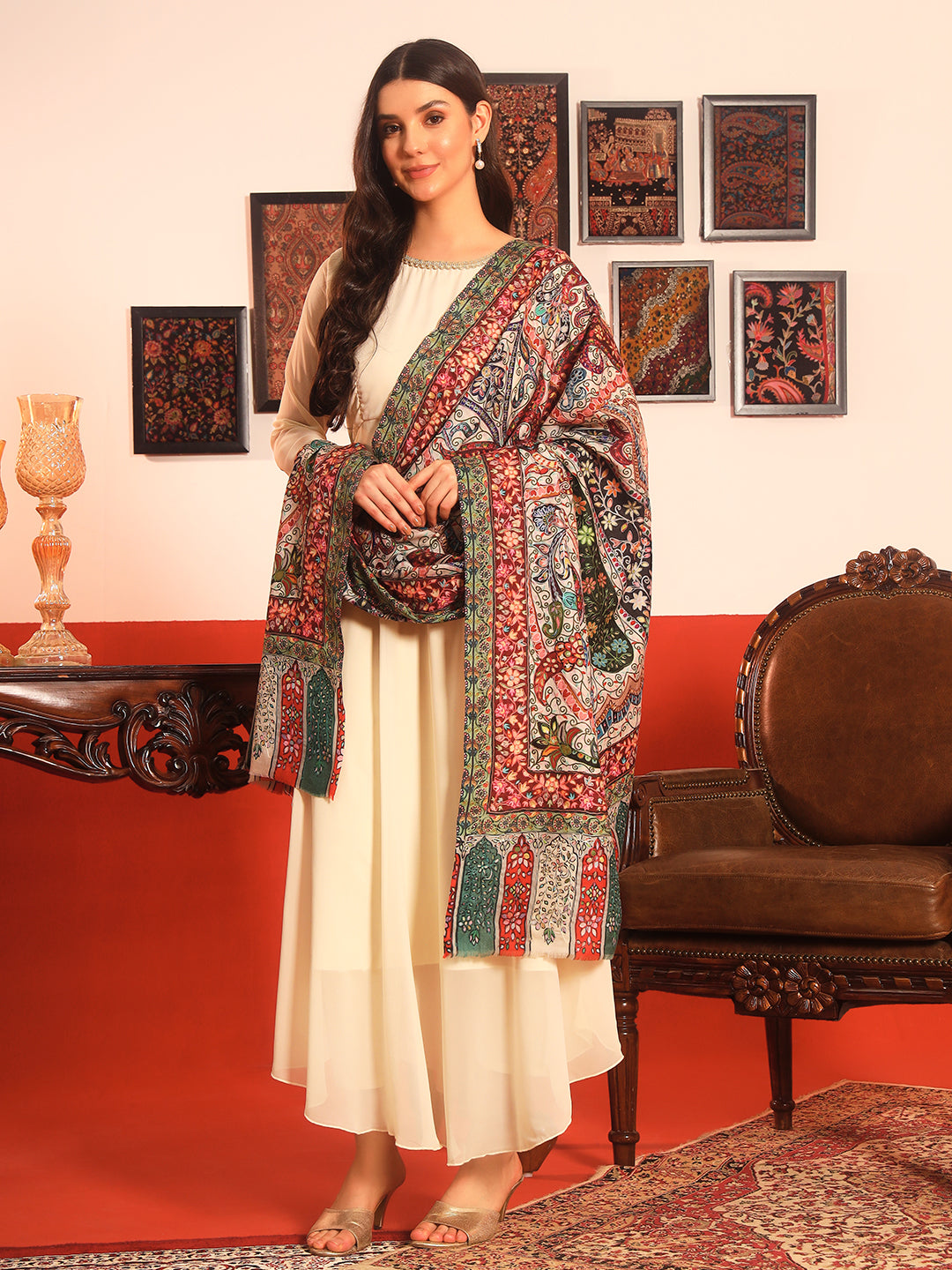 Pashmoda Women Naqshkaar Fine Wool Fabric Pashmina Kalamkari Embroidered Shawl (Size: 101x203 CM)