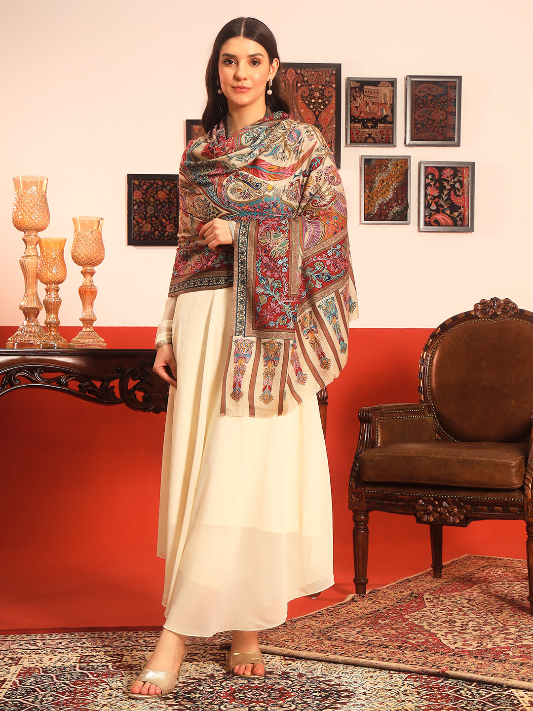 Pashmoda Women Rangkalam 100% Pure Wool Fabric Kalamkari Embroidered Shawl (Size: 101x203 CM)