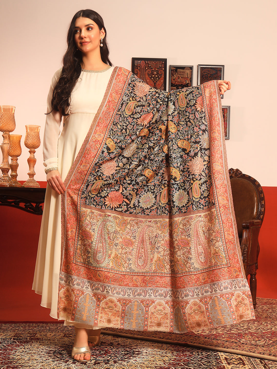 Pashmoda Women Guldasta Fine Wool Fabric Pashmina Kalamkari Embroidered Shawl (Size: 101x203 CM)