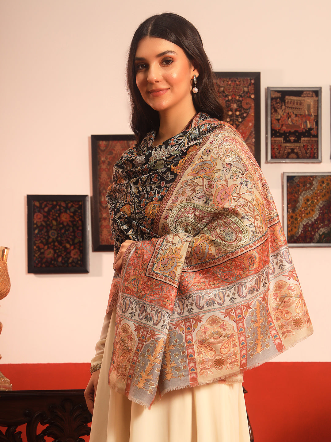 Pashmoda Women Guldasta Fine Wool Fabric Pashmina Kalamkari Embroidered Shawl (Size: 101x203 CM)