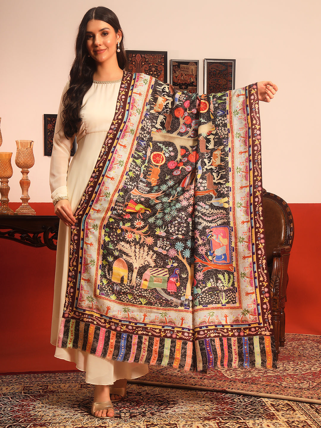 Pashmoda Women Naqshkaar Fine Wool Fabric Pashmina Kalamkari Embroidered Shawl (Size: 101x203 CM)