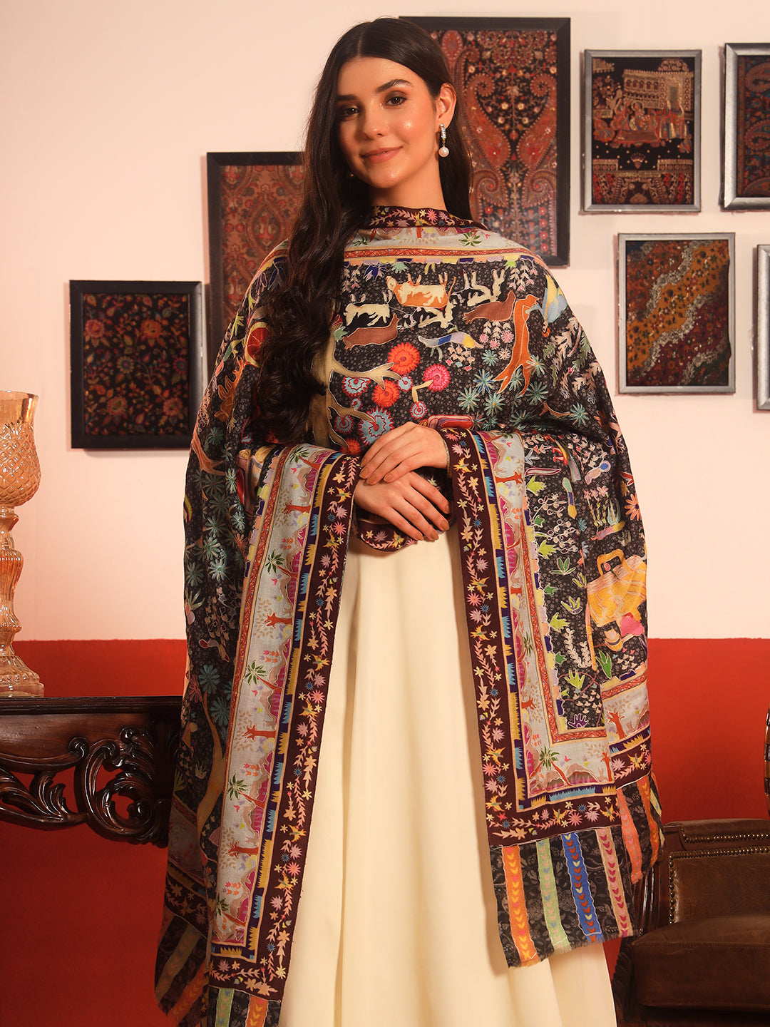 Pashmoda Women Naqshkaar Fine Wool Fabric Pashmina Kalamkari Embroidered Shawl (Size: 101x203 CM)