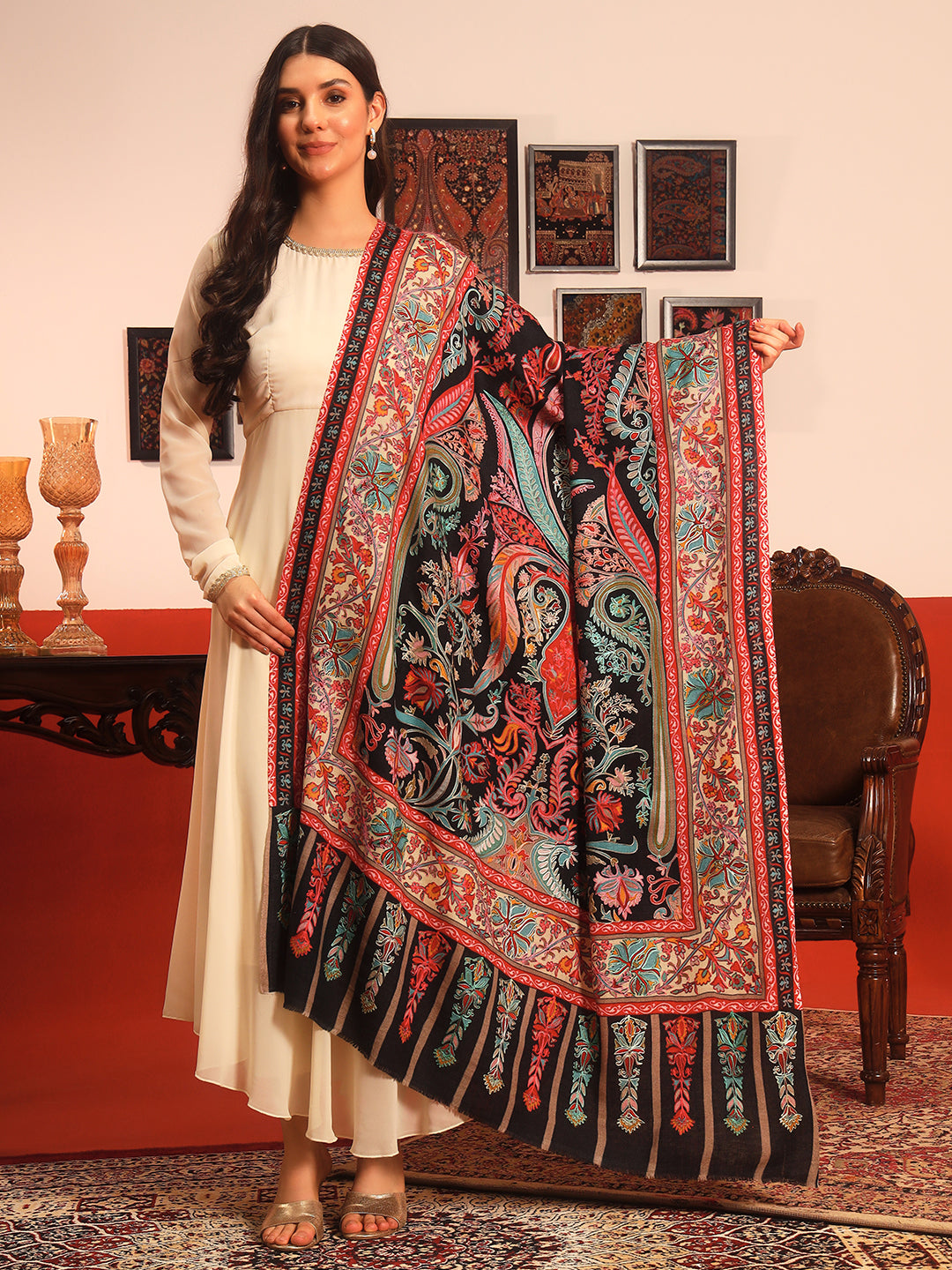 Pashmoda Women Rangkalam 100% Pure Wool Fabric Kalamkari Embroidered Shawl (Size: 101x203 CM)