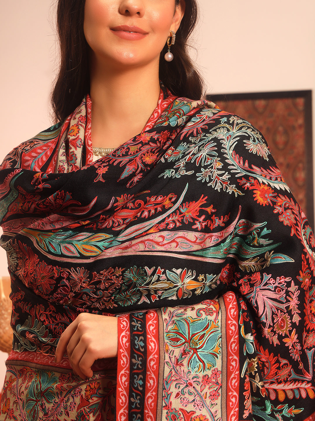 Pashmoda Women Rangkalam 100% Pure Wool Fabric Kalamkari Embroidered Shawl (Size: 101x203 CM)