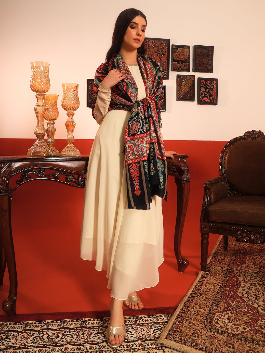 Pashmoda Women Rangkalam 100% Pure Wool Fabric Kalamkari Embroidered Shawl (Size: 101x203 CM)