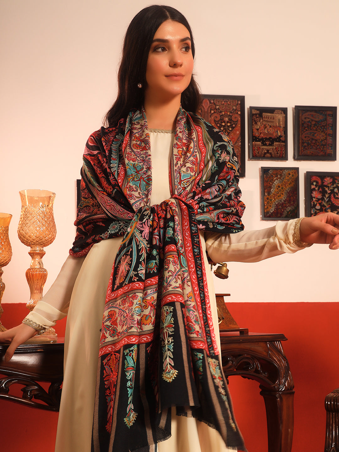 Pashmoda Women Rangkalam 100% Pure Wool Fabric Kalamkari Embroidered Shawl (Size: 101x203 CM)