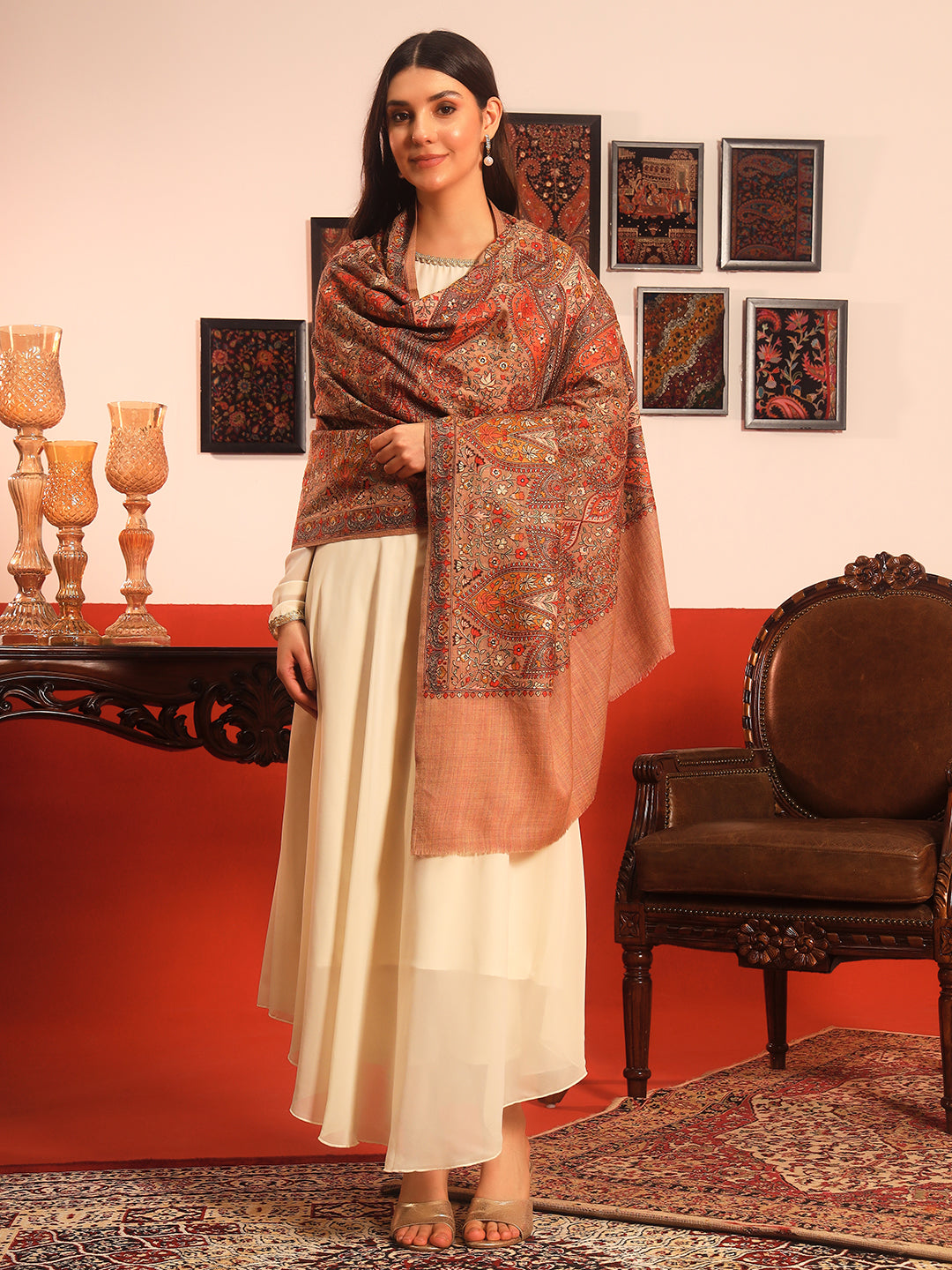 Pashmoda Women Mahnoor 100% Pure Wool Sozni Hand Embroidered Shawl (Size: 101x203 Cm)