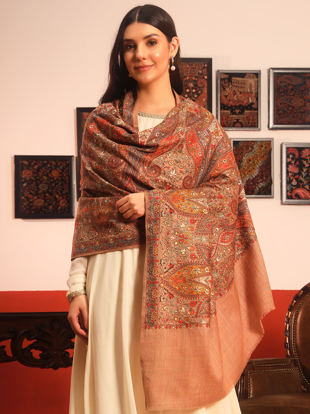 Pashmoda Women Mahnoor 100% Pure Wool Sozni Hand Embroidered Shawl (Size: 101x203 Cm)