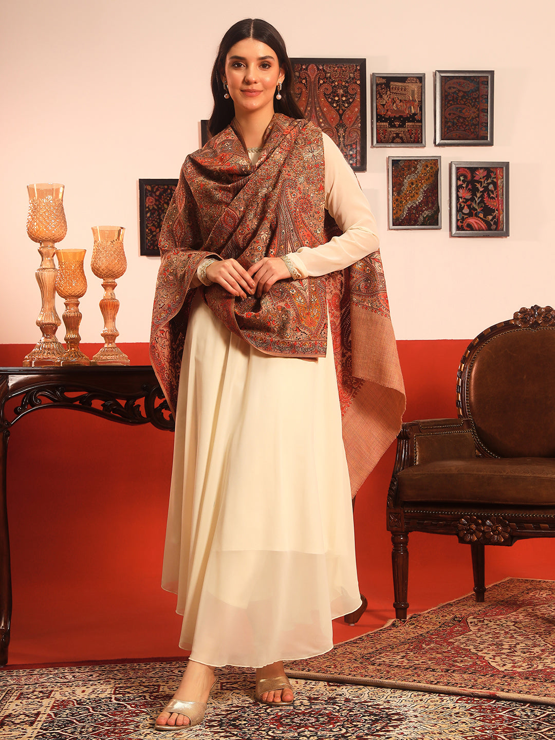 Pashmoda Women Mahnoor 100% Pure Wool Sozni Hand Embroidered Shawl (Size: 101x203 Cm)