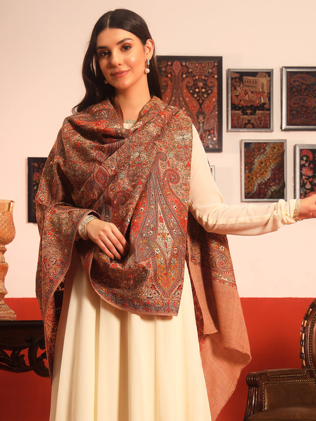 Pashmoda Women Mahnoor 100% Pure Wool Sozni Hand Embroidered Shawl (Size: 101x203 Cm)