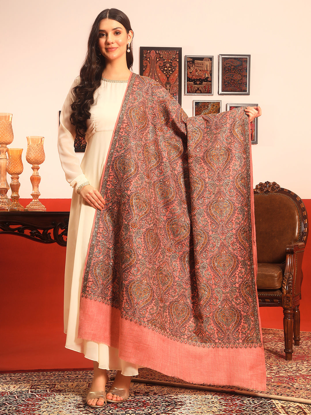 Pashmoda Women Rehnan 100% Pure Wool Sozni Hand Embroidered Shawl (Size: 101x203 Cm)