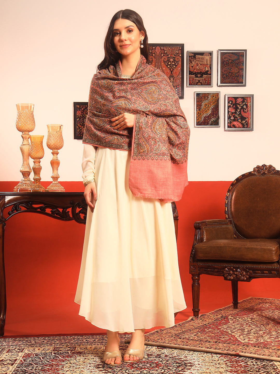 Pashmoda Women Rehnan 100% Pure Wool Sozni Hand Embroidered Shawl (Size: 101x203 Cm)