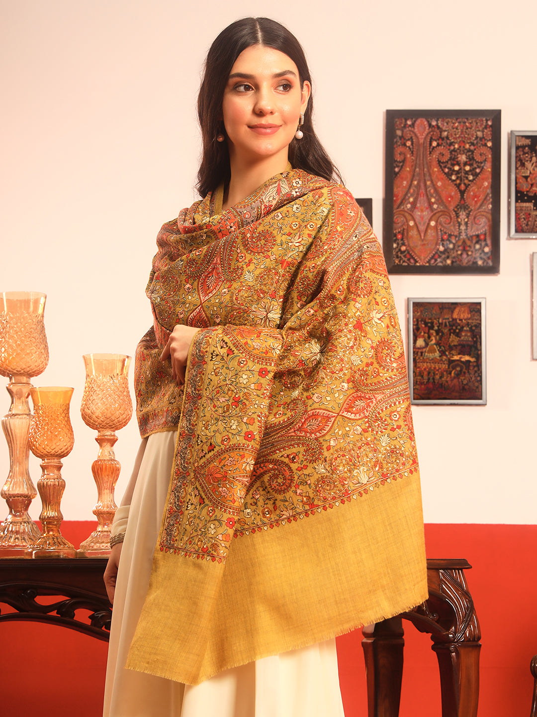 Pashmoda Women Mahnoor 100% Pure Wool Sozni Hand Embroidered Shawl (Size: 101x203 Cm)