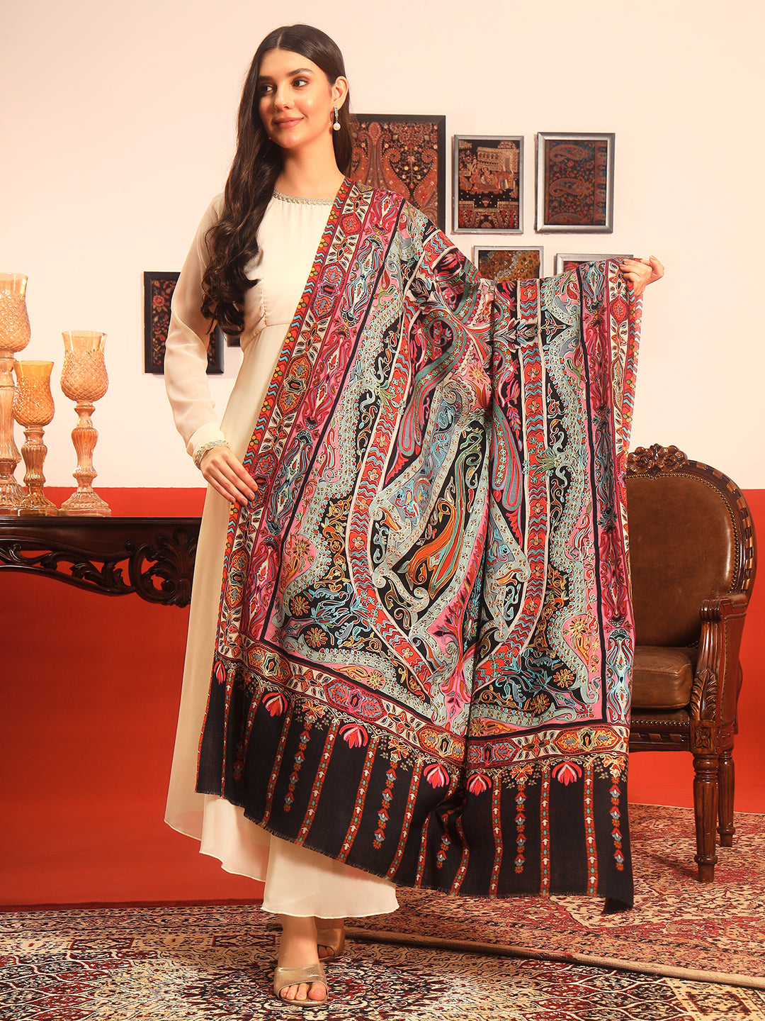 Pashmoda Women Rangrez Rangkalam 100% Pure Wool Fabric Kalamkari Embroidered Shawl (Size:101x203 cm)