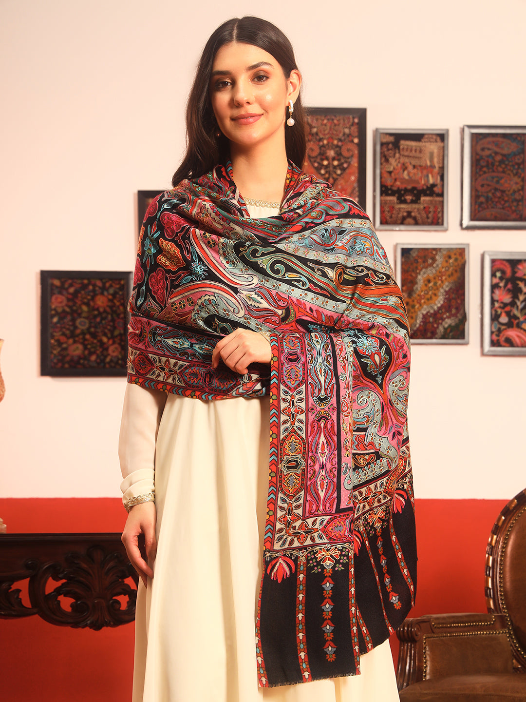 Pashmoda Women Rangrez Rangkalam 100% Pure Wool Fabric Kalamkari Embroidered Shawl (Size:101x203 cm)