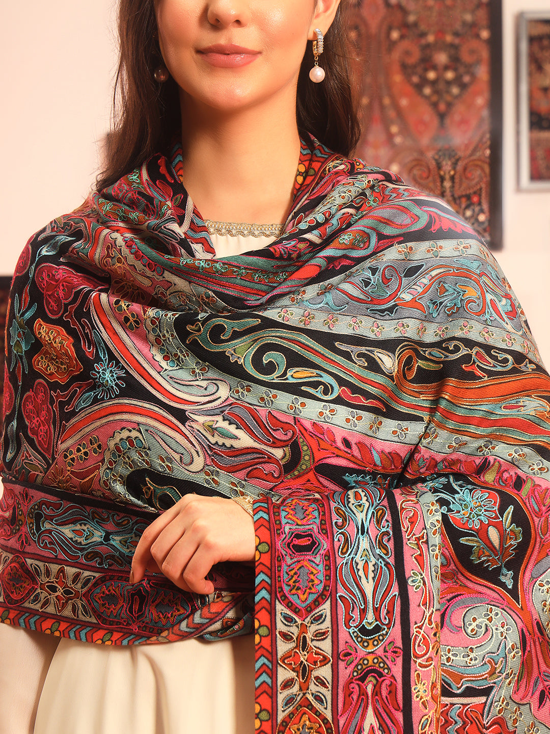 Pashmoda Women Rangrez Rangkalam 100% Pure Wool Fabric Kalamkari Embroidered Shawl (Size:101x203 cm)