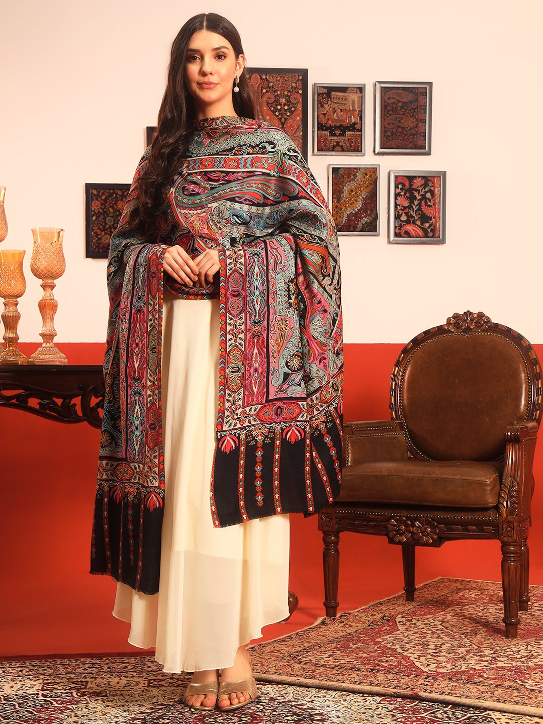 Pashmoda Women Rangrez Rangkalam 100% Pure Wool Fabric Kalamkari Embroidered Shawl (Size:101x203 cm)