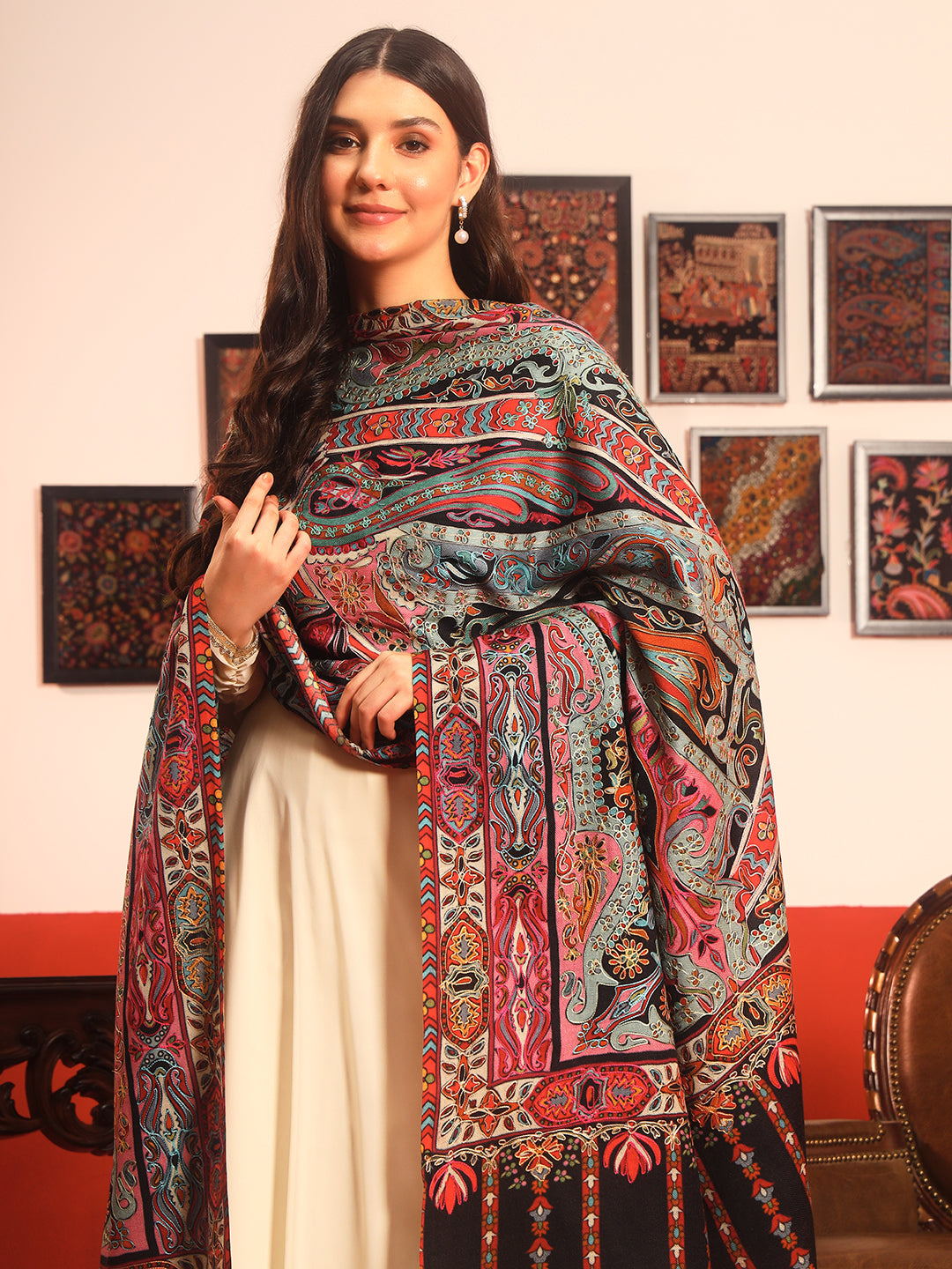 Pashmoda Women Rangrez Rangkalam 100% Pure Wool Fabric Kalamkari Embroidered Shawl (Size:101x203 cm)