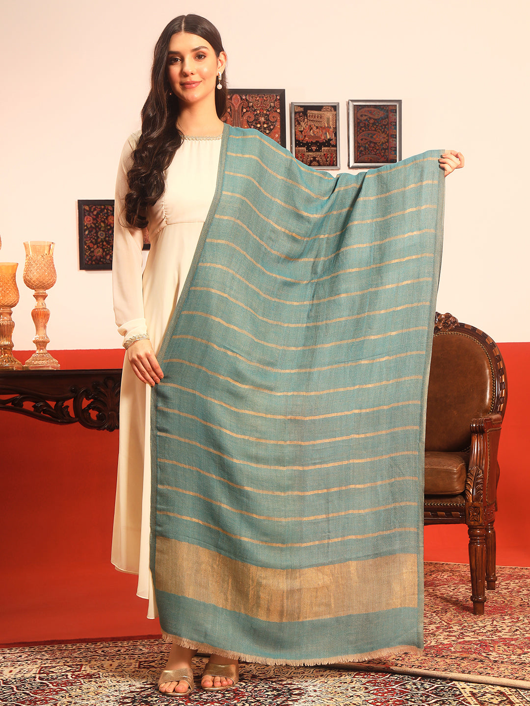 Pashmoda Women Parallel Grace Reversible Zari Moonlight Fine Wool Stole (Size: 71x203 Cm)