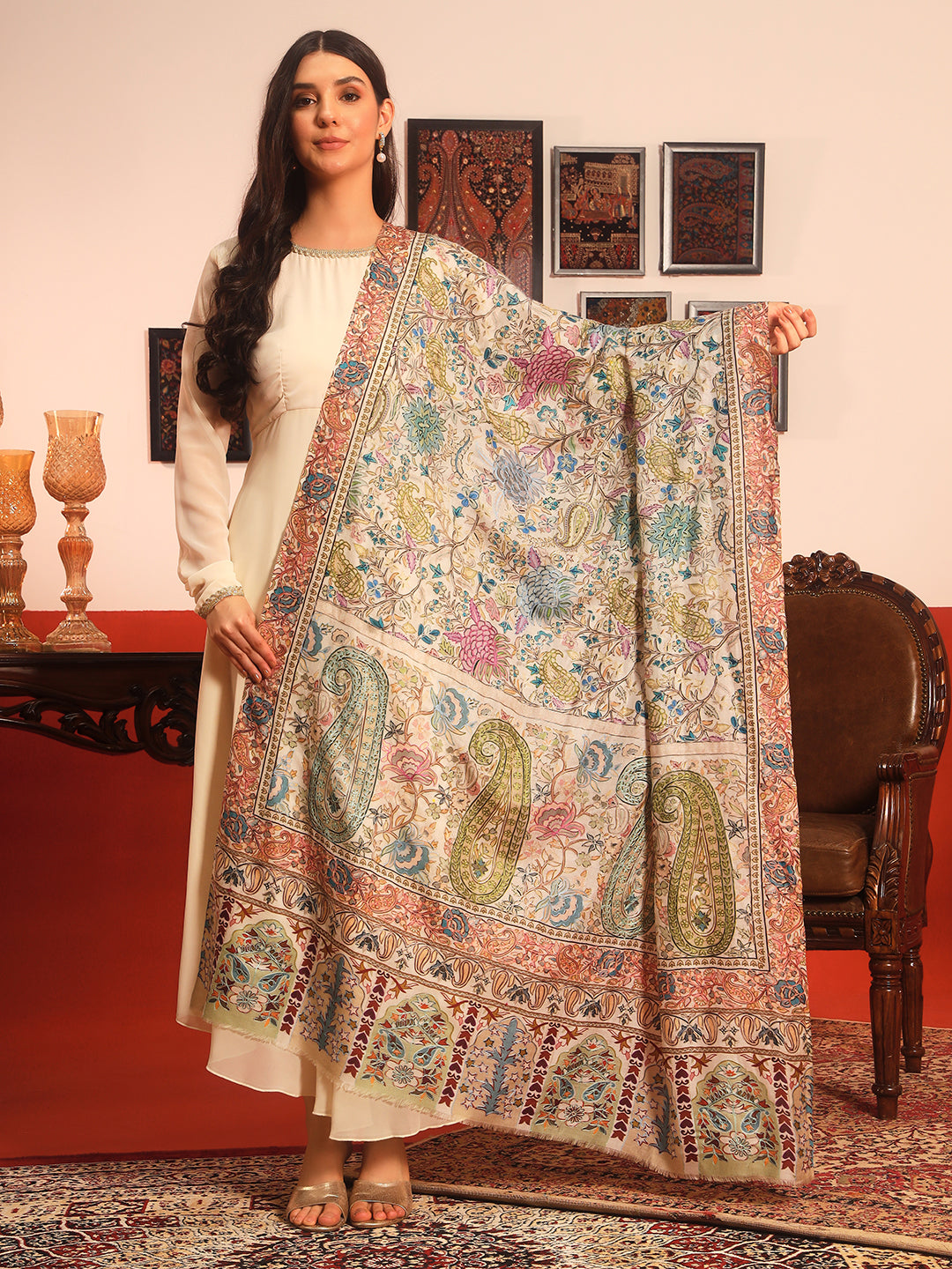Pashmoda Women Rangkaar Fine Wool Fabric Pashmina Kalamkari Embroidered Shawl (Size: 101x203 CM)