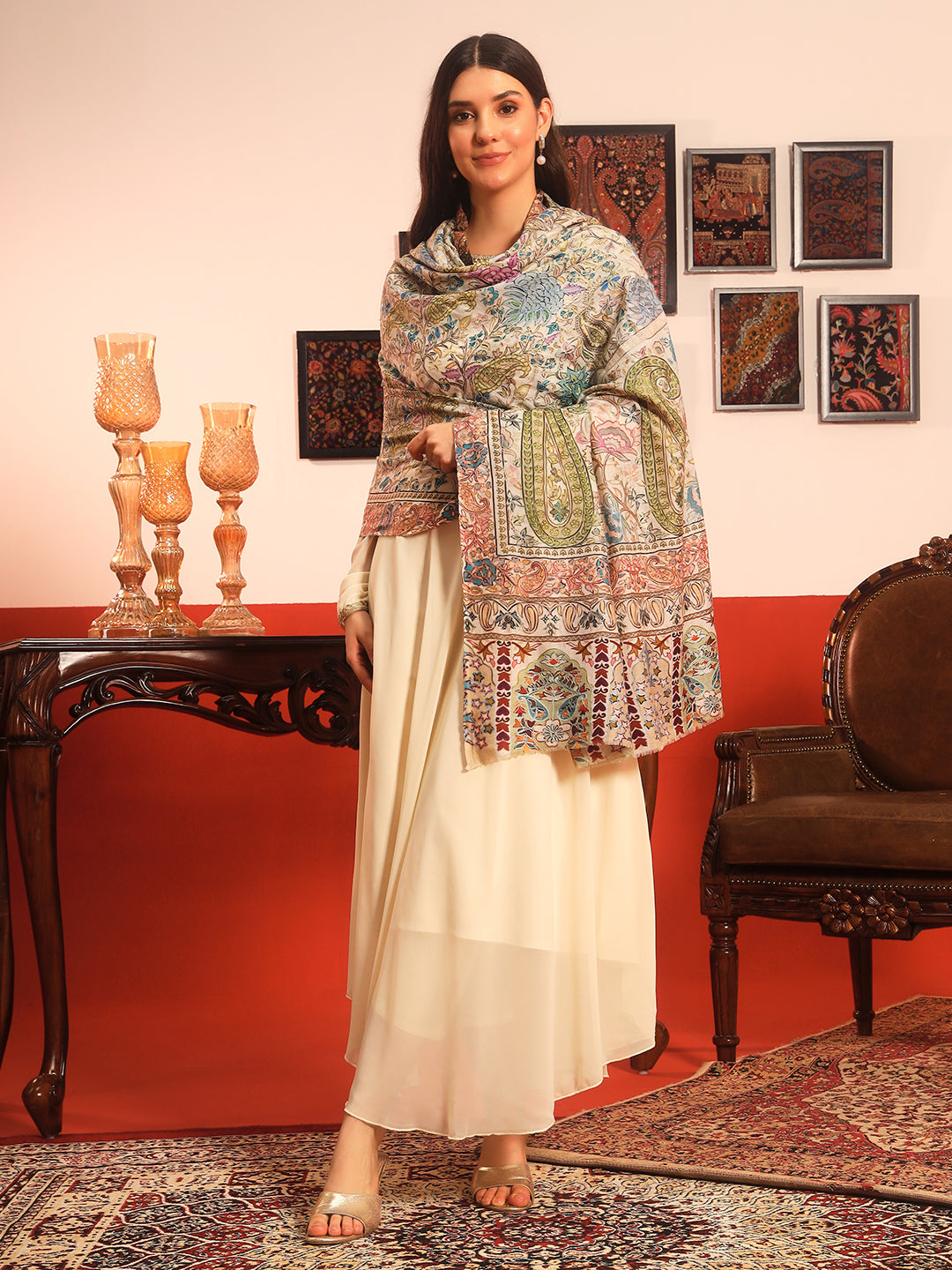 Pashmoda Women Rangkaar Fine Wool Fabric Pashmina Kalamkari Embroidered Shawl (Size: 101x203 CM)