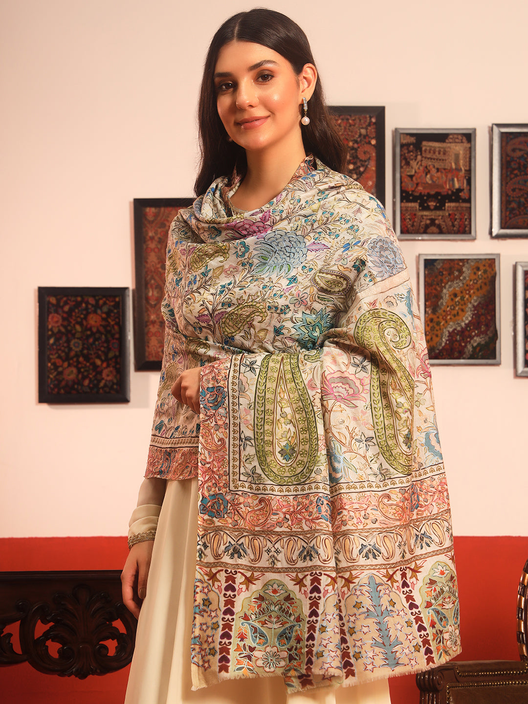 Pashmoda Women Rangkaar Fine Wool Fabric Pashmina Kalamkari Embroidered Shawl (Size: 101x203 CM)